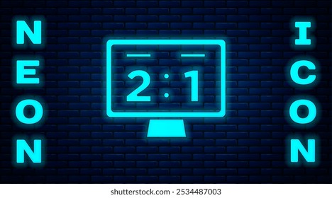 Glowing neon Sport mechanical scoreboard and result display icon isolated on brick wall background.  Vector