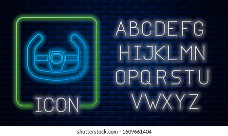 Glowing neon Sport steering wheel icon isolated on brick wall background. Car wheel icon. Neon light alphabet. Vector Illustration