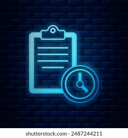 Glowing neon Sport training program or fitness plan icon isolated on brick wall background.  Vector
