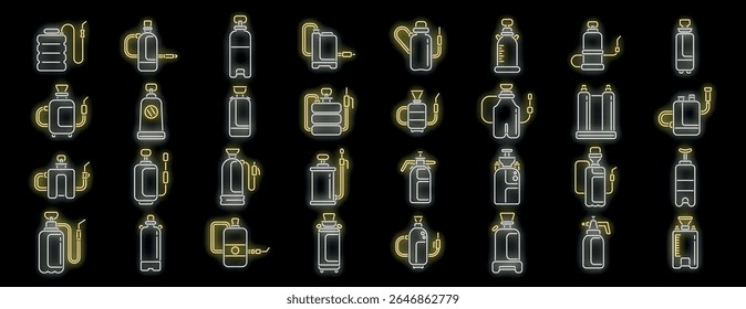 Glowing neon sprayer icons represent various types of spray bottles for gardening, cleaning, and industrial use, highlighting their diverse applications