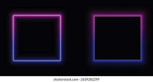 Glowing neon square frame or border with pink and blue light isolated on black background. Gradient border for decoration.