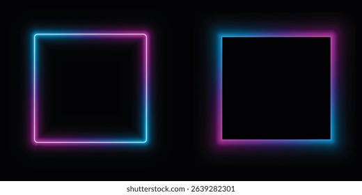 Glowing neon square frame or border with pink and blue light isolated on black background. Gradient border for decoration.