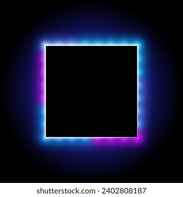 Glowing neon square frame, illuminated background, vector illustration.