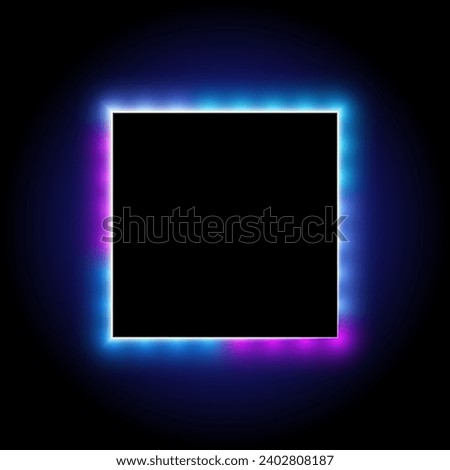 Glowing neon square frame, illuminated background, vector illustration.