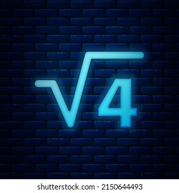 Glowing Neon Square Root Of 4 Glyph Icon Isolated On Brick Wall Background. Mathematical Expression.  Vector