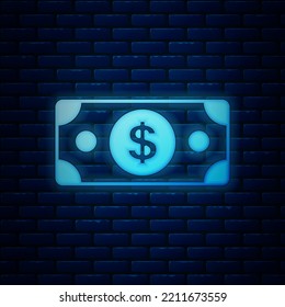 Glowing Neon Stacks Paper Money Cash Icon Isolated On Brick Wall Background. Money Banknotes Stacks. Bill Currency.  Vector