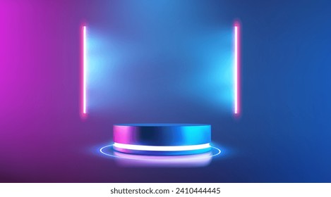 Glowing Neon Stage with Futuristic Pedestal on Gradient Background for Product Display. Shop promotion background in minimalistic abstract scene. Magic or cyberpunk round port or product podium.