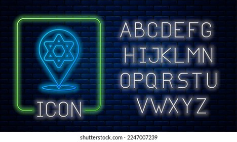 Glowing neon Star of David icon isolated on brick wall background. Jewish religion symbol. Symbol of Israel. Neon light alphabet. Vector