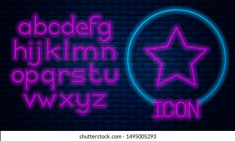 Glowing neon Star icon isolated on brick wall background. Favorite, best rating, award symbol. Neon light alphabet. Vector Illustration