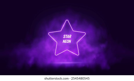 Glowing neon star shape on smoky purple background. Bright strar sign. Vector illustration 