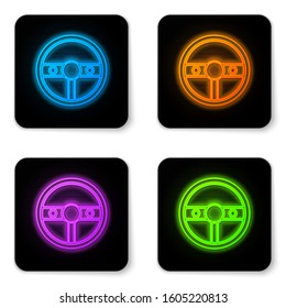 Glowing neon Steering wheel icon isolated on white background. Car wheel icon. Black square button. Vector Illustration