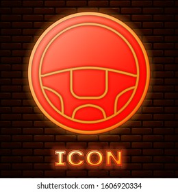 Glowing neon Steering wheel icon isolated on brick wall background. Car wheel icon.  Vector Illustration