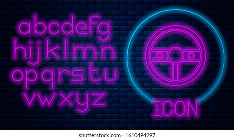 Glowing neon Steering wheel icon isolated on brick wall background. Car wheel icon. Neon light alphabet. Vector Illustration