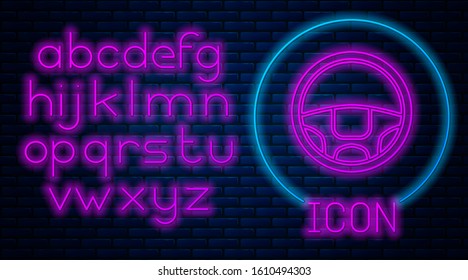 Glowing neon Steering wheel icon isolated on brick wall background. Car wheel icon. Neon light alphabet. Vector Illustration
