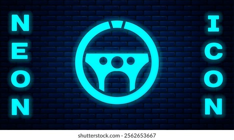 Glowing neon Steering wheel icon isolated on brick wall background. Car wheel icon.  Vector Illustration