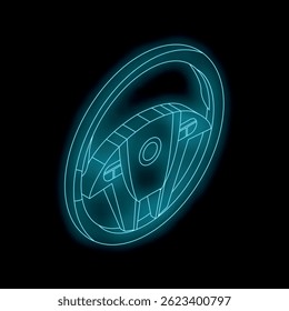 Glowing neon steering wheel on a black background, perfect for automotive and technology designs