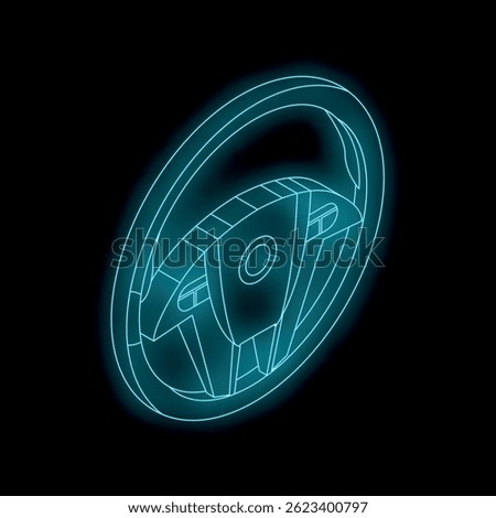 Glowing neon steering wheel on a black background, perfect for automotive and technology designs