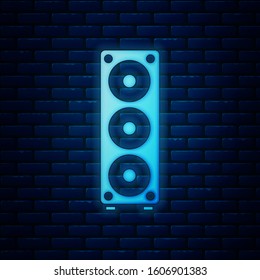 Glowing neon Stereo speaker icon isolated on brick wall background. Sound system speakers. Music icon. Musical column speaker bass equipment.  Vector Illustration