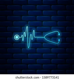 Glowing neon Stethoscope with a heart beat icon isolated on brick wall background. Medical concept. Pulse care symbol.  Vector Illustration