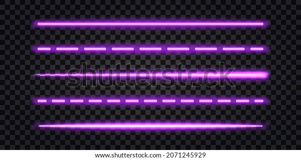 Glowing neon stick, purple LED light\
effect. Fluorescent laser beams, electric shiny line tubes.\
Isolated on dark transparent background. Vector\
illustration