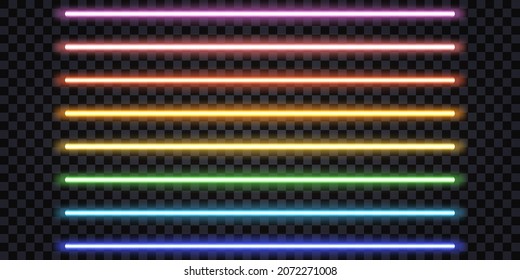 Palos de neón brillantes, vigas de luz láser. Colores arcoiris, tubos eléctricos fluorescentes, líneas de rayas luminosas. Elementos de diseño aislados. Ilustración del vector