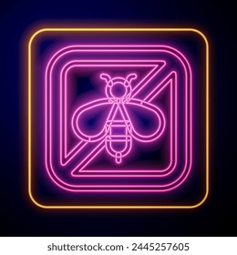 Glowing neon Stop bee icon isolated on black background. Sweet natural food. Honeybee or apis with wings symbol. Flying insect.  Vector