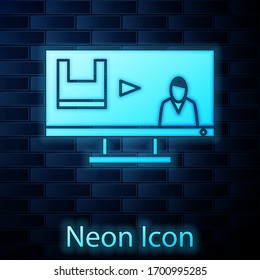 Neón brillante Detengan el icono de la contaminación plástica aislado en el fondo de la pared de ladrillo. Afiche ecológico. Ilustración vectorial