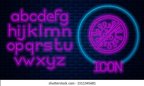 Glowing neon Stop virus, bacteria, germs and microbe icon isolated on brick wall background. Antibacterial and antiviral defence, protection infection. Neon light alphabet. Vector Illustration