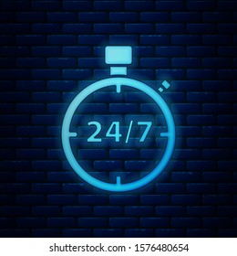 Glowing neon Stopwatch 24 hours icon isolated on brick wall background. All day cyclic icon. 24 hours service symbol.  Vector Illustration
