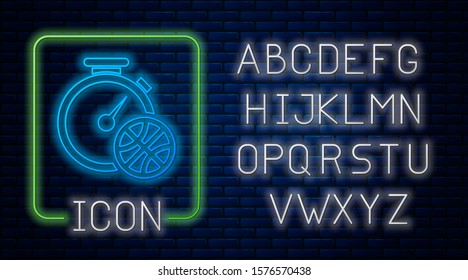 Glowing neon Stopwatch with basketball ball inside icon isolated on brick wall background. Basketball time. Sport and training. Neon light alphabet. Vector Illustration
