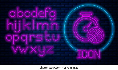 Glowing neon Stopwatch with basketball ball inside icon isolated on brick wall background. Basketball time. Sport and training. Neon light alphabet. Vector Illustration