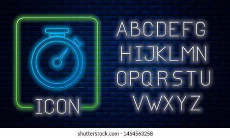 Glowing neon Stopwatch icon isolated on brick wall background. Time timer sign. Neon light alphabet. Vector Illustration