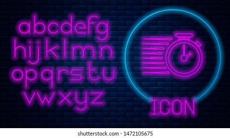 Glowing neon Stopwatch icon isolated on brick wall background. Time timer sign. Neon light alphabet. Vector Illustration