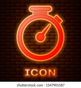 Glowing neon Stopwatch icon isolated on brick wall background. Time timer sign.  Vector Illustration