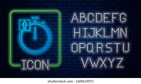 Glowing neon Stopwatch icon isolated on brick wall background. Time timer sign. Chronometer sign. Neon light alphabet. Vector Illustration