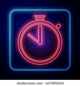 Icono de Stopwatch de neón brillante aislado en fondo azul. Signo del temporizador de tiempo. Signo del ronómetro.  Ilustración vectorial