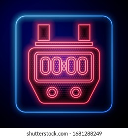 Glowing neon Stopwatch icon isolated on blue background. Time timer sign. Chronometer sign.  Vector Illustration