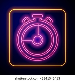 Glowing neon Stopwatch icon isolated on black background. Time timer sign. Chronometer sign.  Vector