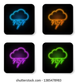 Glowing neon Storm icon isolated on white background. Cloud and lightning sign. Weather icon of storm. Black square button. Vector Illustration