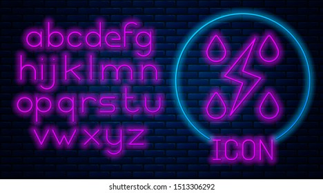 Glowing neon Storm icon isolated on brick wall background. Drop and lightning sign. Weather icon of storm. Neon light alphabet. Vector Illustration