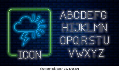 Glowing neon Storm icon isolated on brick wall background. Cloudy with lightning and sun sign. Weather icon of storm. Neon light alphabet. Vector Illustration