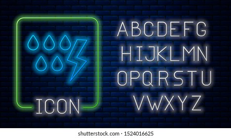 Glowing neon Storm icon isolated on brick wall background. Drop and lightning sign. Weather icon of storm. Neon light alphabet. Vector Illustration