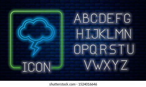 Glowing neon Storm icon isolated on brick wall background. Cloud and lightning sign. Weather icon of storm. Neon light alphabet. Vector Illustration