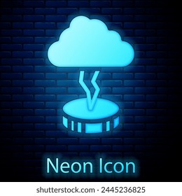 Glowing neon Storm icon isolated on brick wall background. Cloud and lightning sign. Weather icon of storm.  Vector