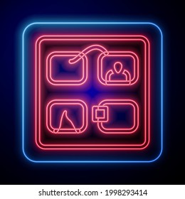 Glowing neon Storyboard film video template for movie creation icon isolated on black background.  Vector