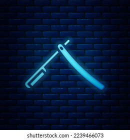 Glowing neon Straight razor icon isolated on brick wall background. Barbershop symbol.  Vector Illustration