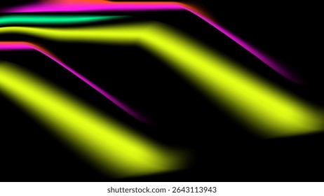 Glowing neon streaks in yellow magenta green and orange curve across a black background forming a dynamic abstract flow effect