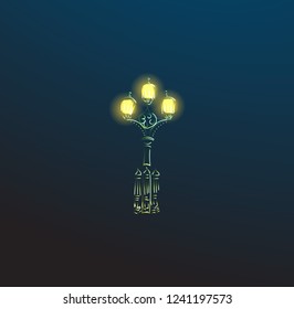 Glowing Neon Street Lamp Line Sketch on Blue Background - Vector Art