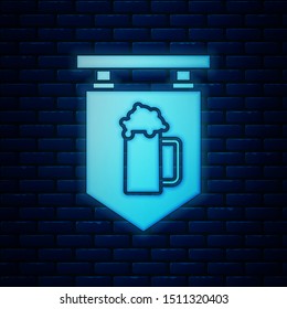 Glowing neon Street signboard with glass of beer icon isolated on brick wall background. Suitable for advertisements bar, cafe, pub, restaurant.  Vector Illustration