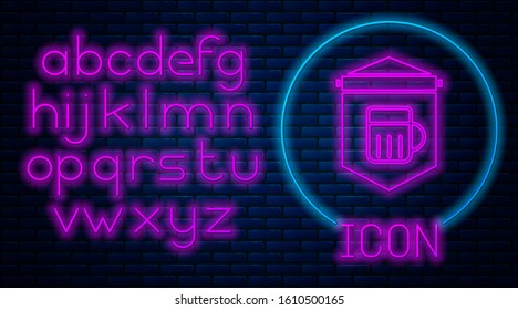 Glowing neon Street signboard with glass of beer icon isolated on brick wall background. Suitable for advertisements bar, cafe, pub, restaurant. Neon light alphabet. Vector Illustration